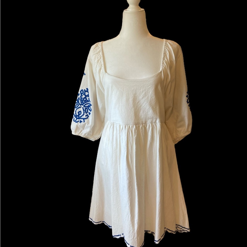 White Cotton Dress with Blue Embroidery